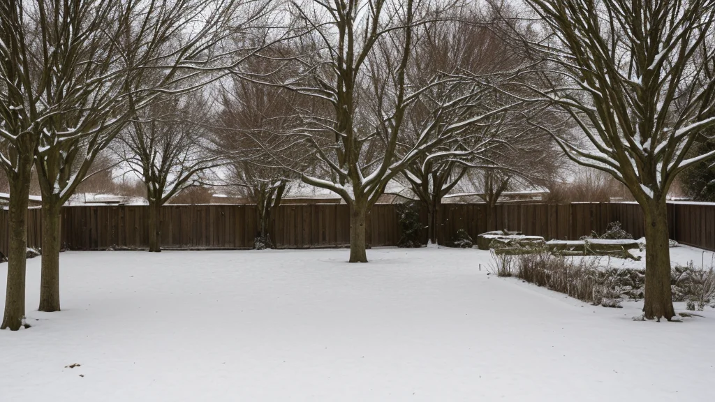 Сад в марте, снег на земле, садовник оценивает снежный покров